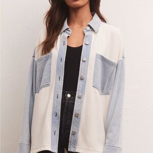 Z supply Two-Tone Sweatshirt Buttondown - Cream & Light Blue